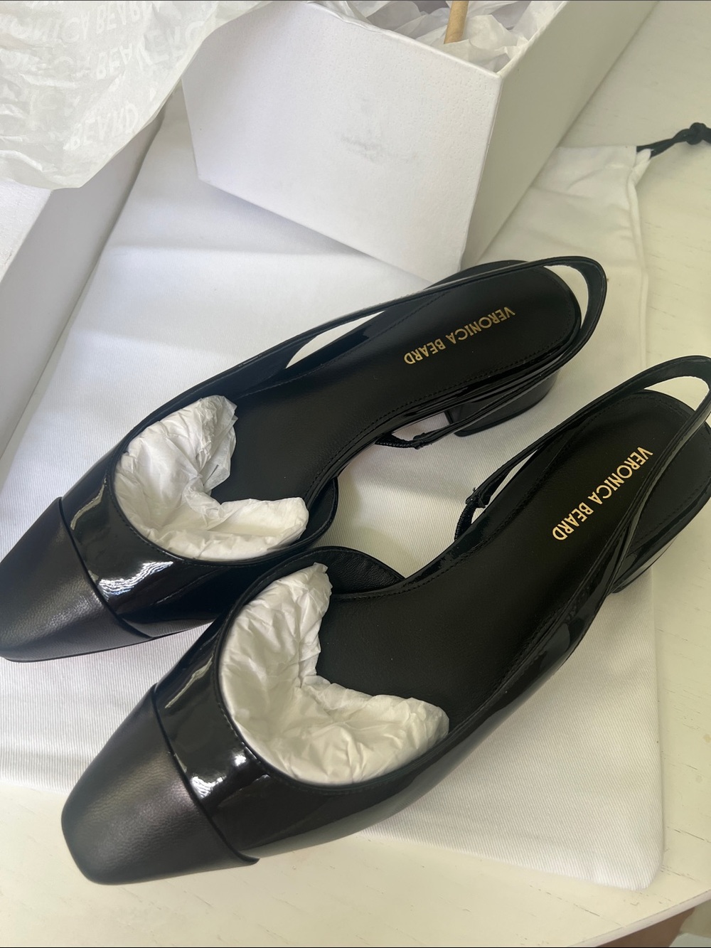 Veronica Beard Black Patent Leather Slingback Mules, Size 7 Brand New